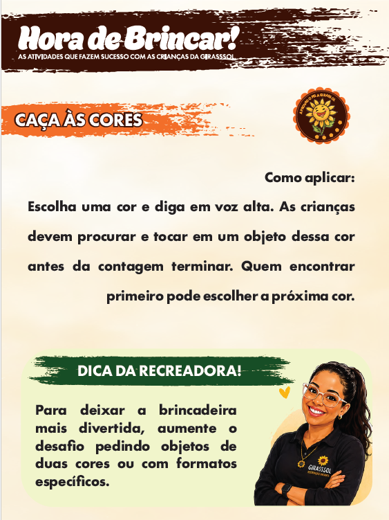 Página “Caça às cores” com o passo a passo da brincadeira e a dica da recreadora.
