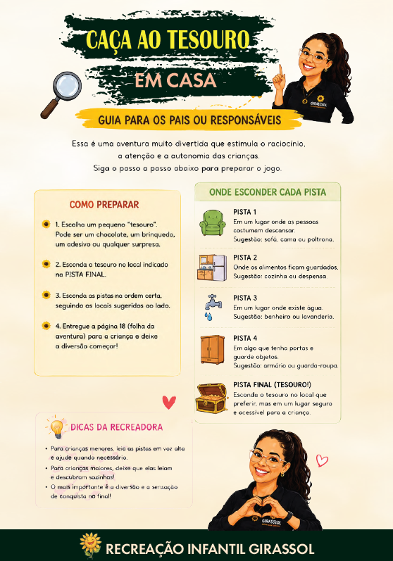 Guia da caça ao tesouro em casa, com pistas e sugestões de esconderijo.