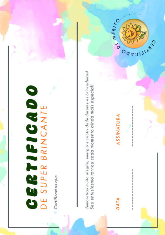 Certificado de Super Brincante para preencher com o nome da criança.